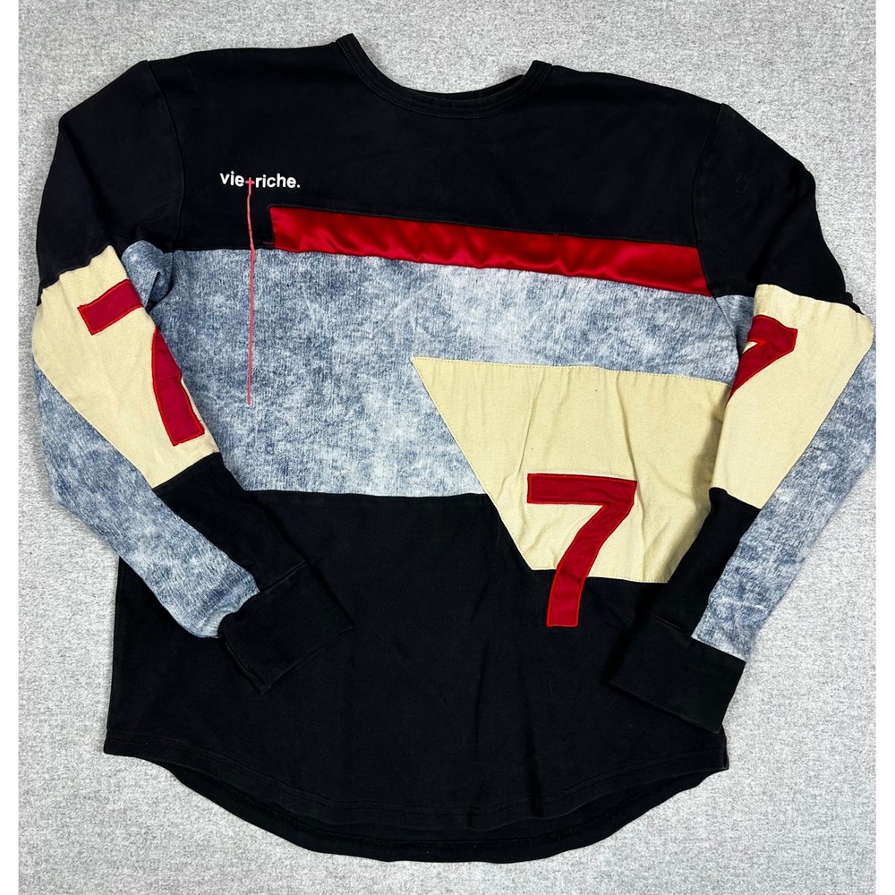 Vie Riche Sweatshirt S Denim Patchwork Colorblock Streetwear Black Red Acid Wash